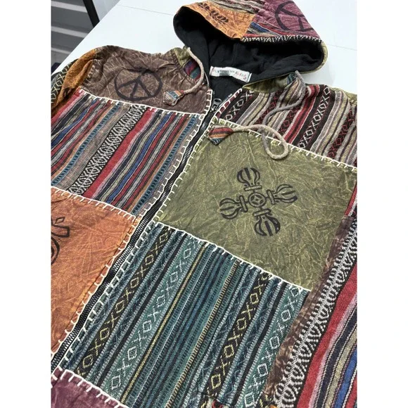 Funky Threads Hooded Patchwork Jacket Symbol Peace Sign Tribal Boho Festival XL - Picture 2 of 5